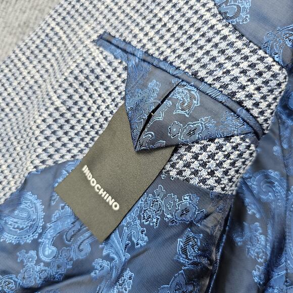 Indochino Blazer Mens 36 Houndstooth Guabello Libera Wool Linen Preppy Blue Suit - Picture 7 of 16